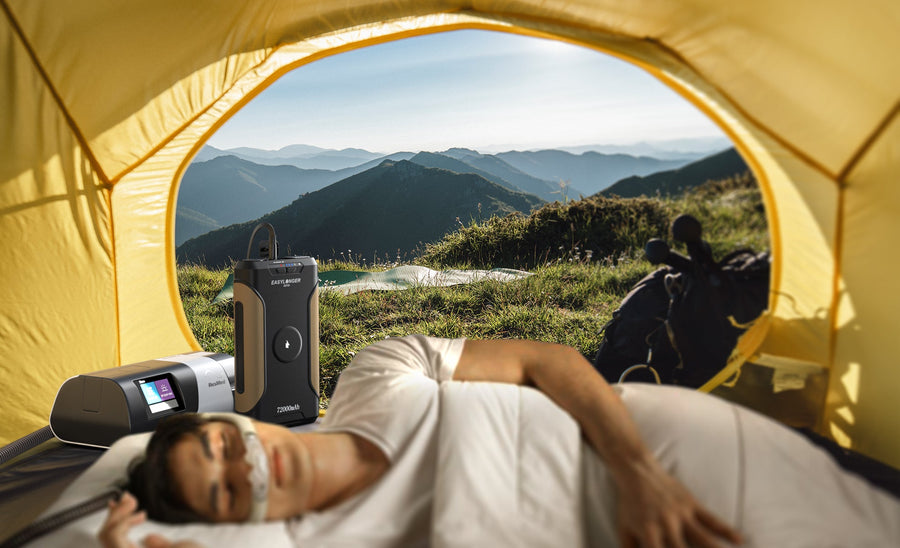 Company illustration of an ES720 and CPAP beside a tent