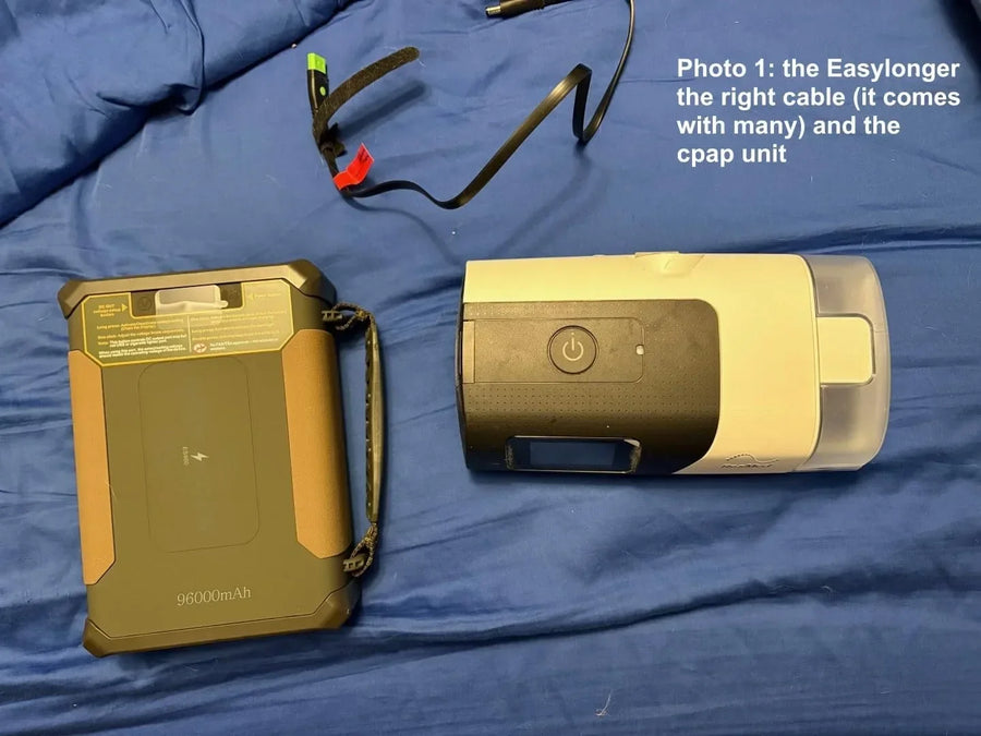 EASYLONGER ES960, ResMed AirSense 11 and a separate cable arranged on a blue bedcover