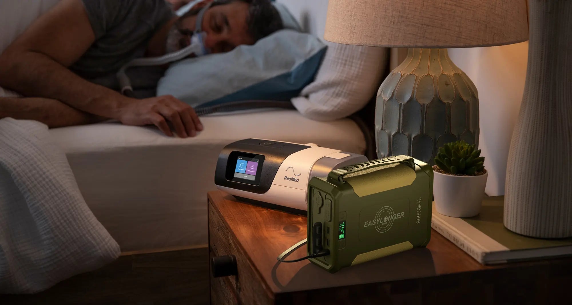 EASYLONGER battery on a nightstand powering a CPAP machine